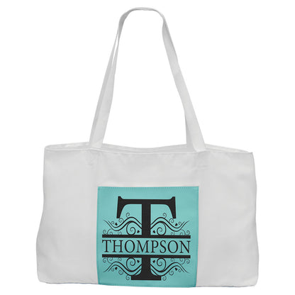 Personalized Laser Engraved 19" x 12" White Bag with 5" Teal  Leatherette Gusset