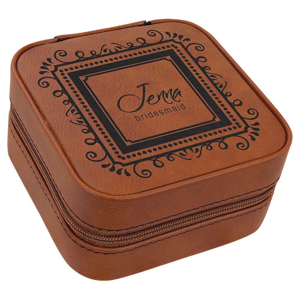 Personalized Laser Engraved 4" X 4" Rawhide  Leatherette Travel Jewelry Box