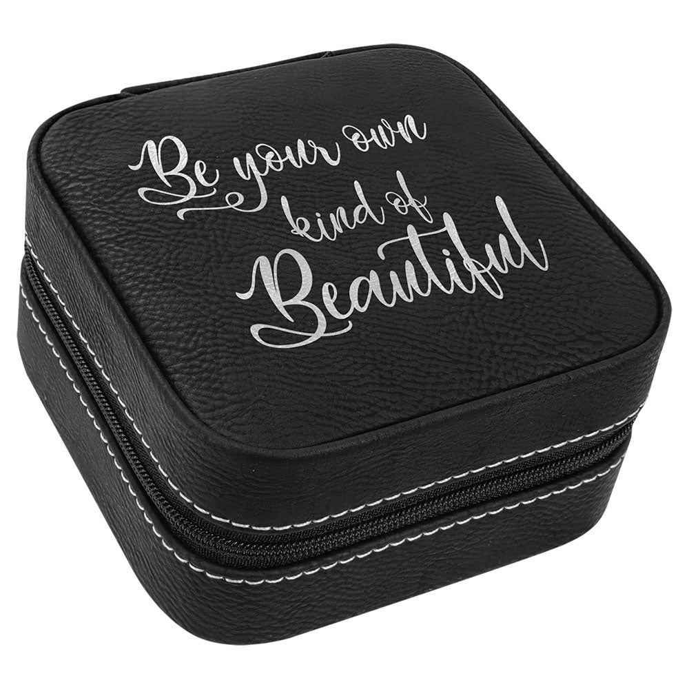 Personalized Laser Engraved 4" X 4" Black/Silver  Leatherette Travel Jewelry Box