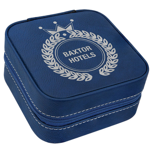 Personalized Laser Engraved 4" X 4" Blue/Silver Leatherette Travel Jewelry Box