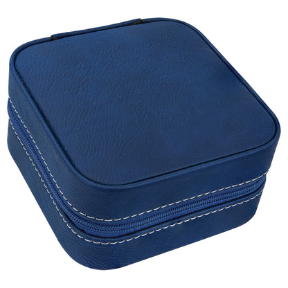 Personalized Laser Engraved 4" X 4" Blue/Silver Leatherette Travel Jewelry Box