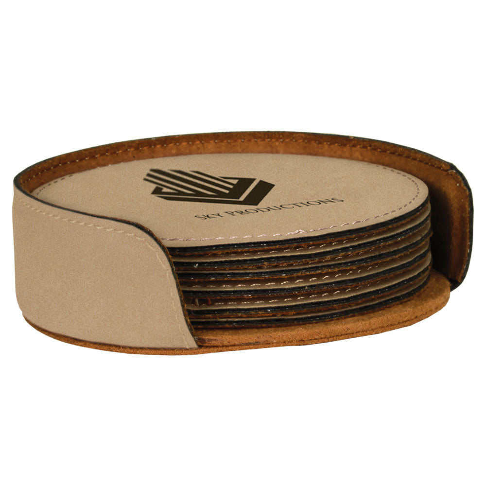 Personalized Laser Engraved 4" Light Brown  Leatherette 6-Coaster Set