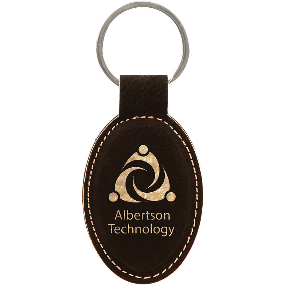 Personalized Laser Engraved 3" x 1 3/4" Black/Gold  Leatherette Oval Keychain