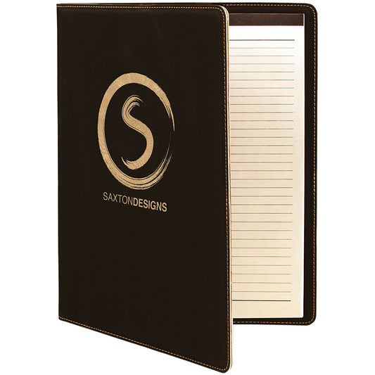 Personalized Laser Engraved 9 1/2" x 12" Black/Gold Laserable Leatherette Portfolio with Notepad