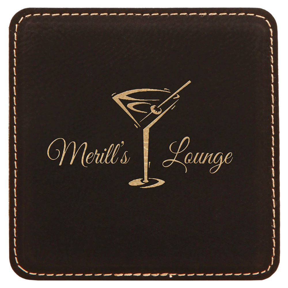 Personalized Laser Engraved 4" x 4" Square Black/Gold  Leatherette Coaster