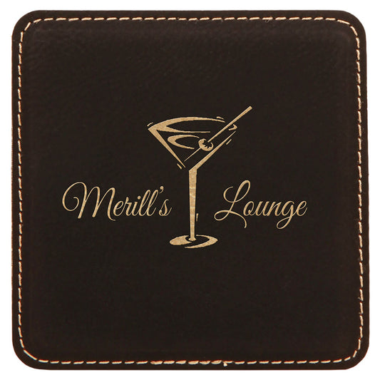 Personalized Laser Engraved 4" x 4" Square Black/Gold  Leatherette Coaster