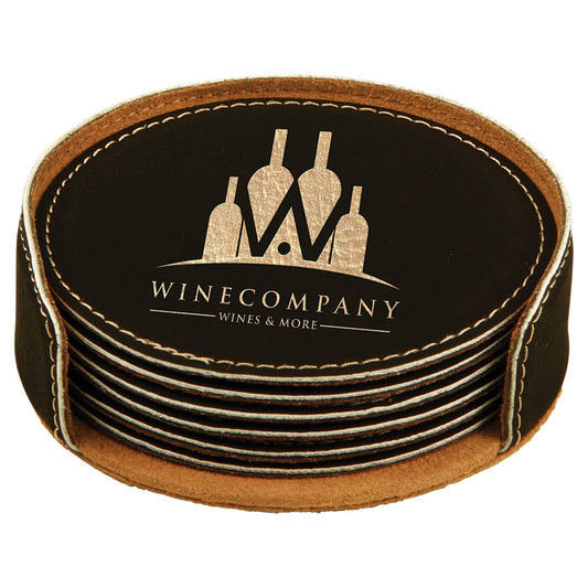 Personalized Laser Engraved 4" Black/Gold Round  Leatherette 6-Coaster Set