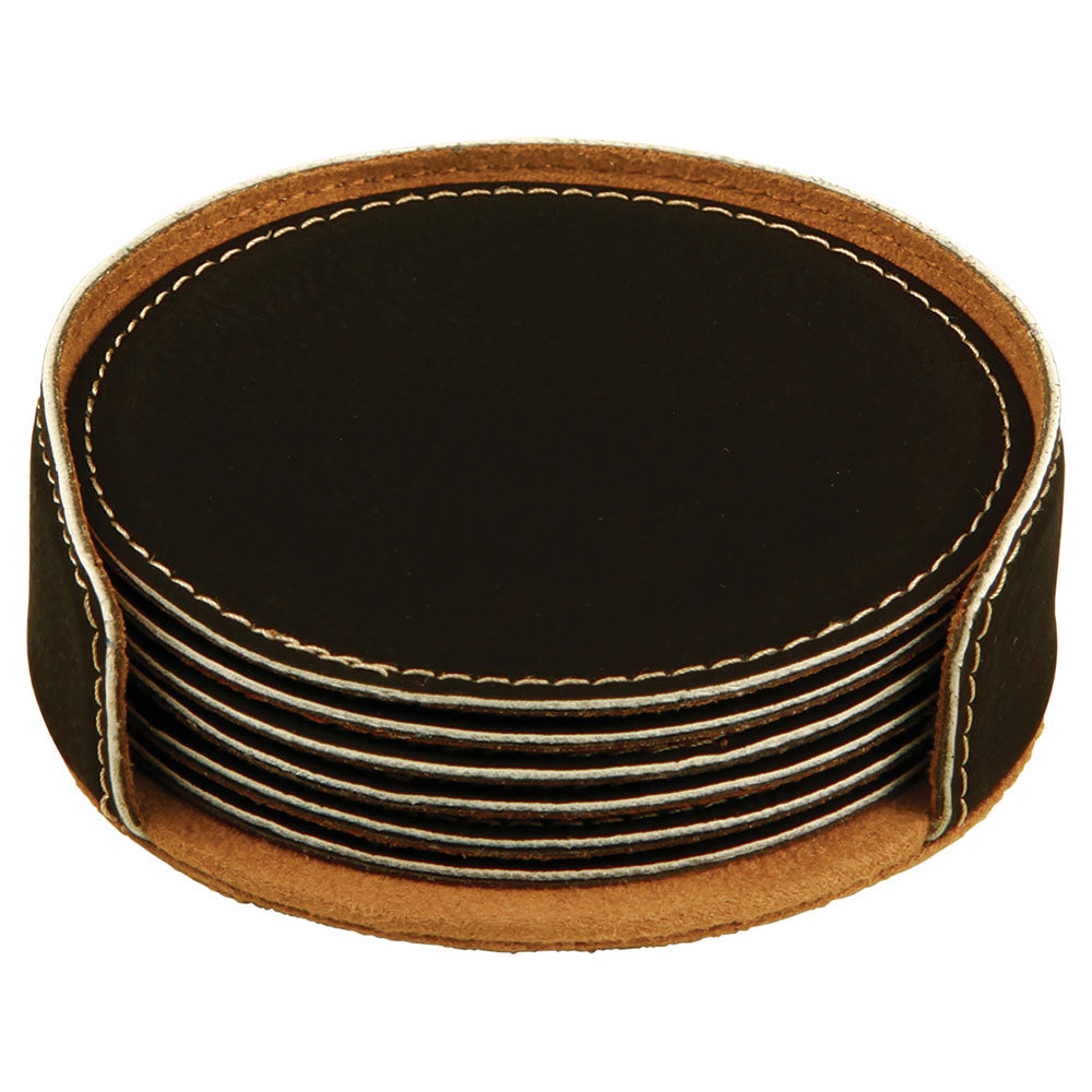 Personalized Laser Engraved 4" Black/Gold Round  Leatherette 6-Coaster Set