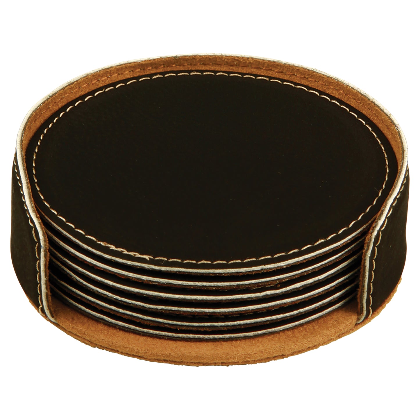 Personalized Laser Engraved 4" Black/Gold Round Leatherette 6-Coaster Set