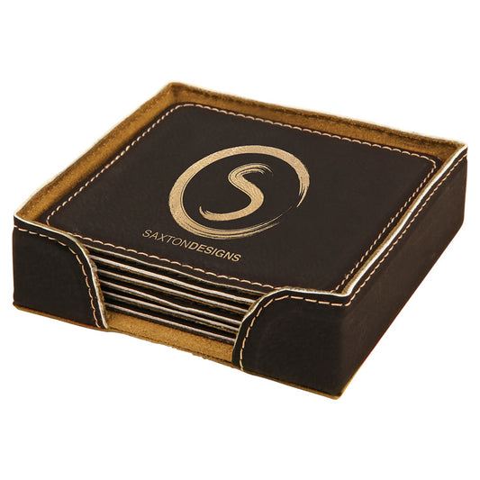 Personalized Laser Engraved 4" x 4" Black/Gold Square  Leatherette 6-Coaster Set