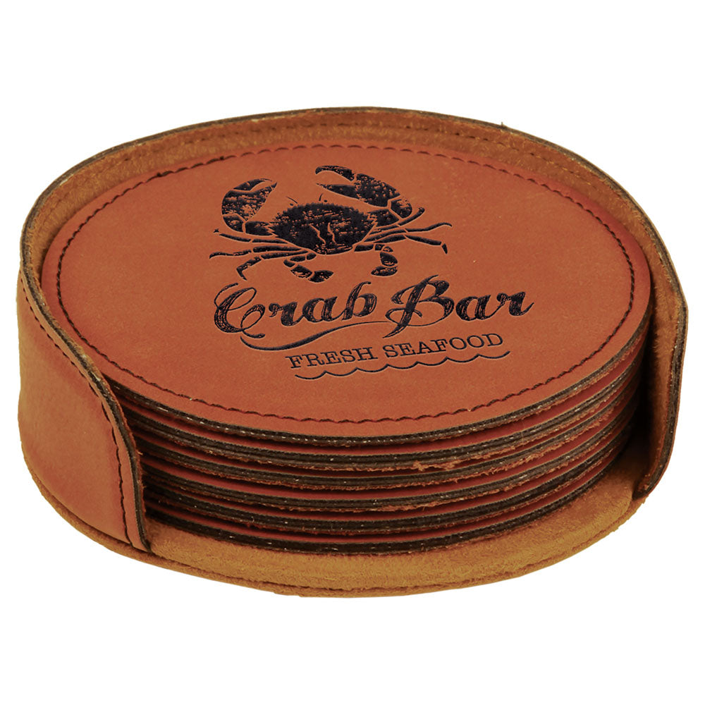 Personalized Laser Engraved 4" Rawhide Round  Leatherette 6-Coaster Set