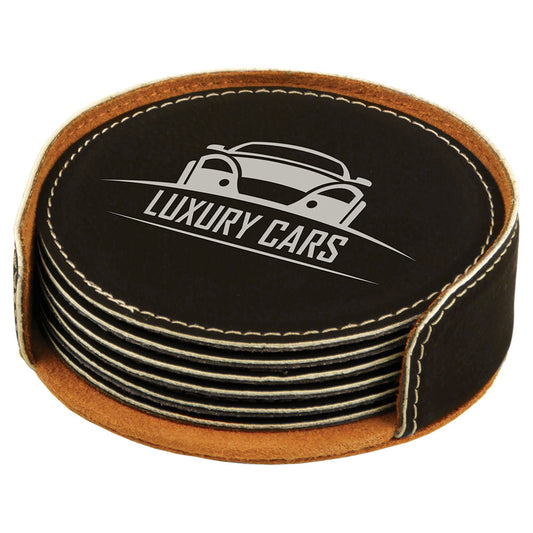 Personalized Laser Engraved 4" Black/Silver Round  Leatherette 6-Coaster Set