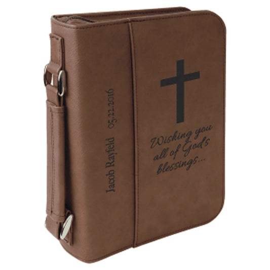  Personalized Laser Engraved 6 3/4" x 9 1/4" Dark Brown Leatherette Book/Bible Cover with Handle & Zipper