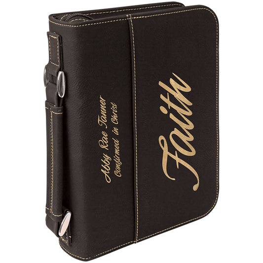  Personalized Laser Engraved 6 3/4" x 9 1/4" Black/Gold Leatherette Book/Bible Cover with Handle & Zipper