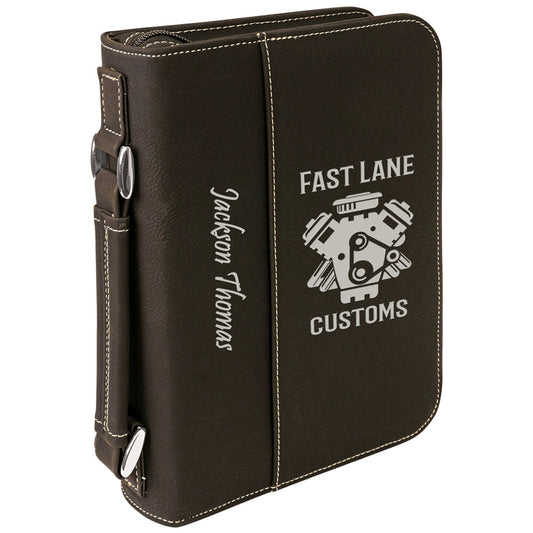  Personalized Laser Engraved 6 3/4" x 9 1/4" Black/Silver Leatherette Book/Bible Cover with Handle & Zipper