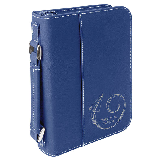  Personalized Laser Engraved 6 3/4" x 9 1/4" Blue/Silver Leatherette Book/Bible Cover with Handle & Zipper