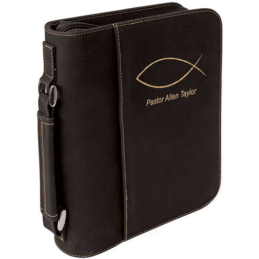 Personalized Laser Engraved 7 1/2" x 10 3/4" Black/Gold Leatherette Book/Bible Cover with Handle & Zipper