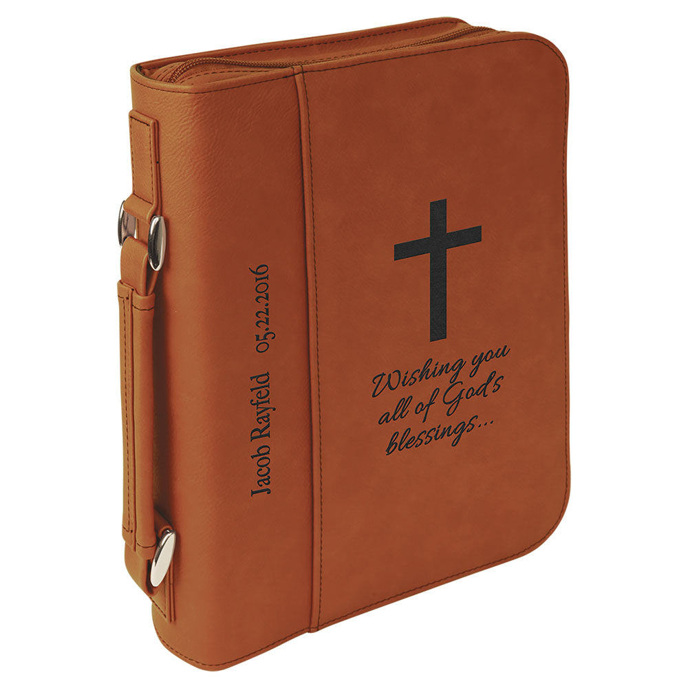 Personalized Laser Engraved 7 1/2" x 10 3/4" Rawhide Leatherette Book/Bible Cover with Handle & Zipper