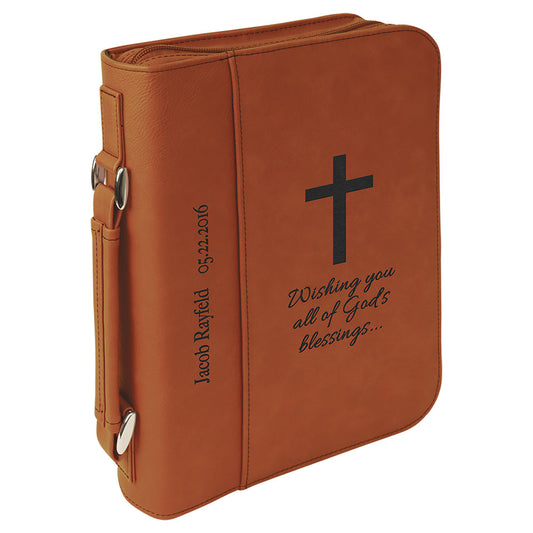 Personalized Laser Engraved 7 1/2" x 10 3/4" Rawhide Leatherette Book/Bible Cover with Handle & Zipper