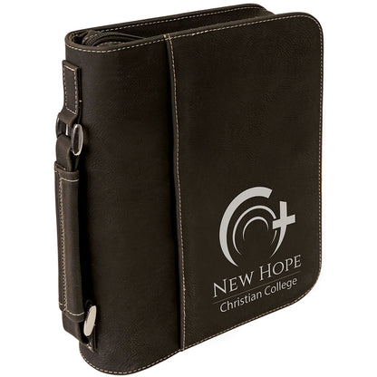 Personalized Laser Engraved 7 1/2" x 10 3/4" Black/Silver Leatherette Book/Bible Cover with Handle & Zipper