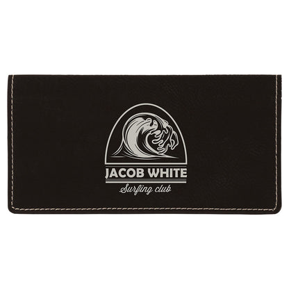 Personalized Laser Engraved 6 3/4" x 3 1/2" Black/Silver  Leatherette Checkbook Cover