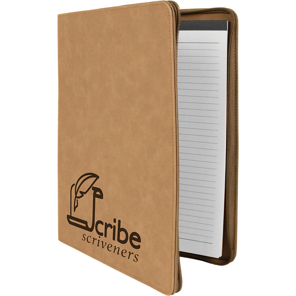  Personalized Laser Engraved 9 1/2" x 12" Light Brown w/ Zipper Leatherette Portfolio with Notepad