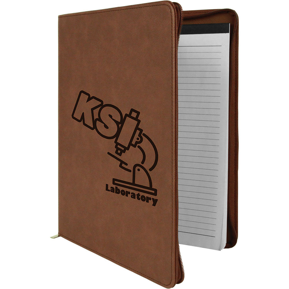 Personalized Laser Engraved 9 1/2" x 12" Dark Brown with Zipper  Leatherette Portfolio with Notepad