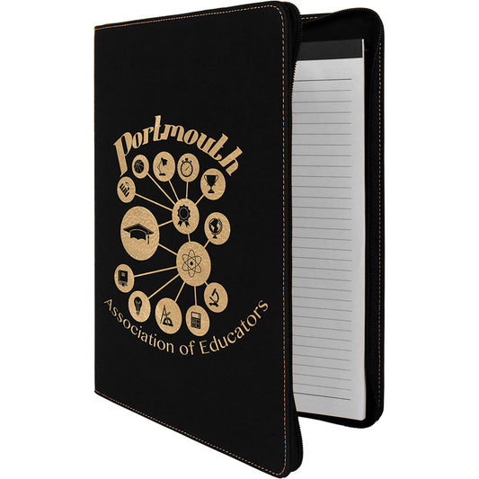 Personalized Laser Engraved 9 1/2" x 12" Black/Gold with Zipper  Leatherette Portfolio with Notepad