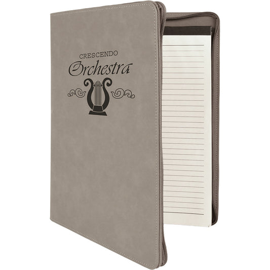 Personalized Laser Engraved 9 1/2" x 12" Gray with Zipper  Leatherette Portfolio with Notepad