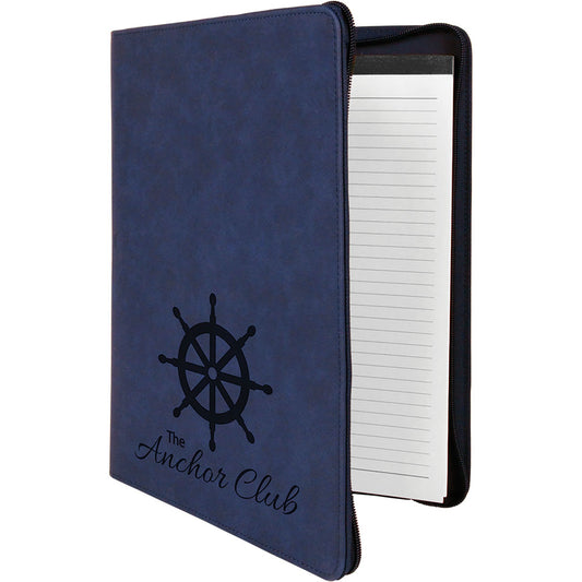 Personalized Laser Engraved 9 1/2" x 12" Blue/Black with Zipper  Leatherette Portfolio with Notepad