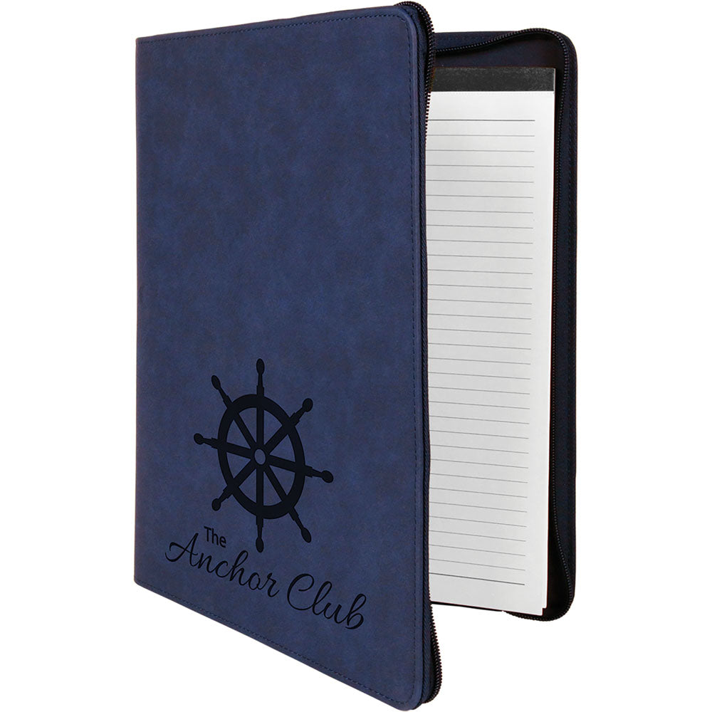  Personalized Laser Engraved 9 1/2" x 12" Blue/Black with Zipper Leatherette Portfolio with Notepad