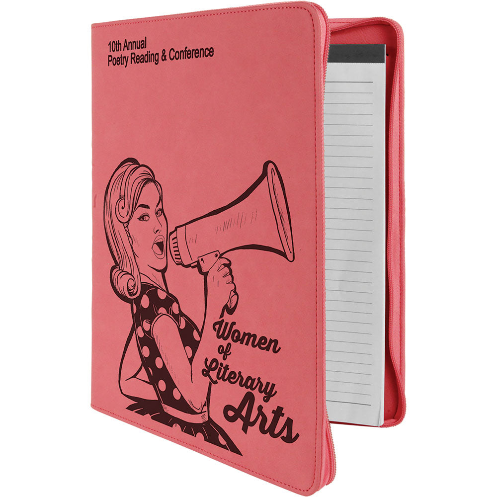 Personalized Laser Engraved 9 1/2" x 12" Pink with Zipper  Leatherette Portfolio with Notepad