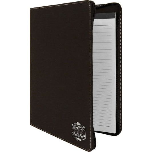 Personalized Laser Engraved 9 1/2" x 12" Black/Silver w/Zipper  Leatherette Portfolio with Notepad