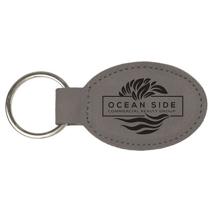 Personalized Laser Engraved 3" x 1 3/4" Gray  Leatherette Oval Keychain