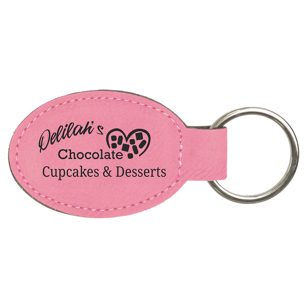 Personalized Laser Engraved 3" x 1 3/4" Pink  Leatherette Oval Keychain