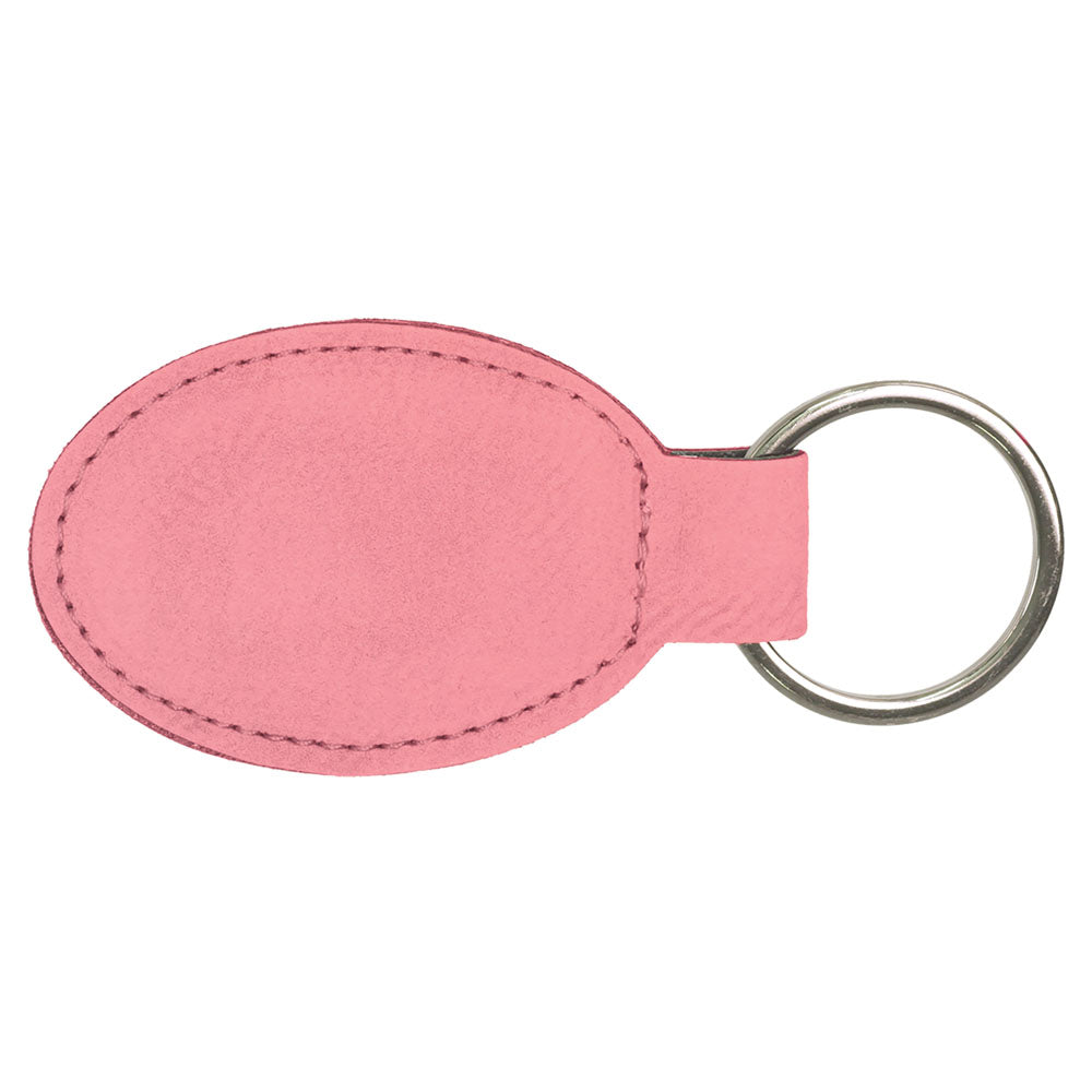 Personalized Laser Engraved 3" x 1 3/4" Pink  Leatherette Oval Keychain