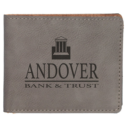 Personalized Laser Engraved 4 1/2" x 3 1/2" Gray  Leatherette Bifold Wallet