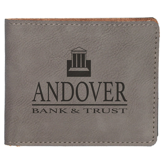 Personalized Laser Engraved 4 1/2" x 3 1/2" Gray  Leatherette Bifold Wallet