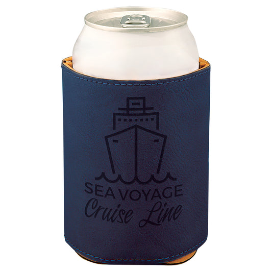  Personalized Laser Engraved 3 3/4" Blue/Black Leatherette Beverage Holder