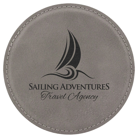 Personalized Laser Engraved 4" Round Gray  Leatherette Coaster