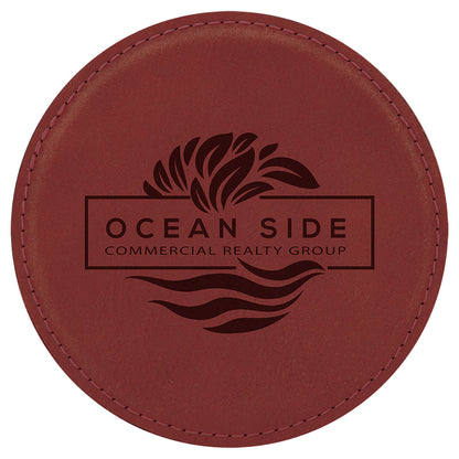 Personalized Laser Engraved 4" Round Rose  Leatherette Coaster