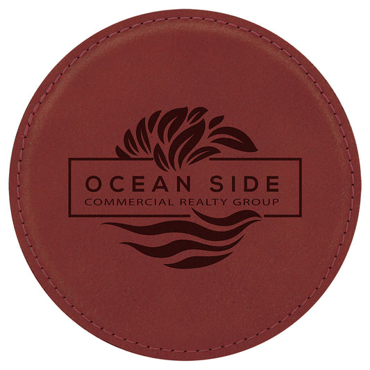 Personalized Laser Engraved 4" Round Rose  Leatherette Coaster