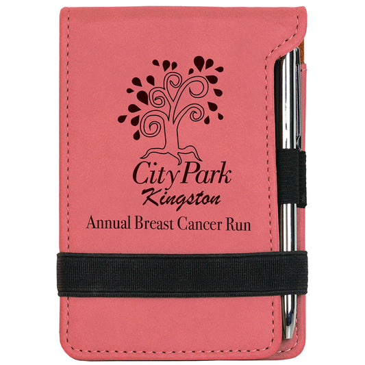  Personalized Laser Engraved 3 1/4" x 4 3/4" Pink Leatherette Mini Notepad with Pen