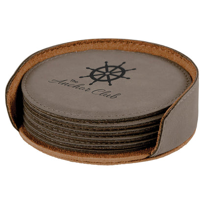 Personalized Laser Engraved 4" Gray Round  Leatherette 6-Coaster Set