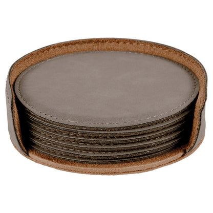 Personalized Laser Engraved 4" Gray Round  Leatherette 6-Coaster Set