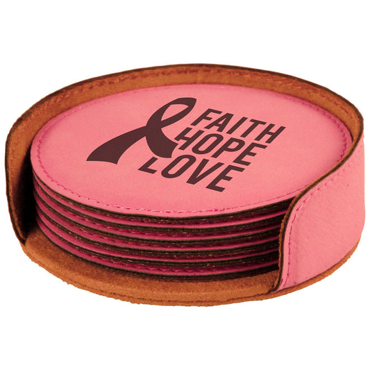 Personalized Laser Engraved 4" Pink Round  Leatherette 6-Coaster Set