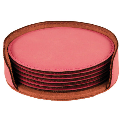 Personalized Laser Engraved 4" Pink Round  Leatherette 6-Coaster Set