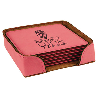 Personalized Laser Engraved 4" x 4" Pink Square  Leatherette 6-Coaster Set