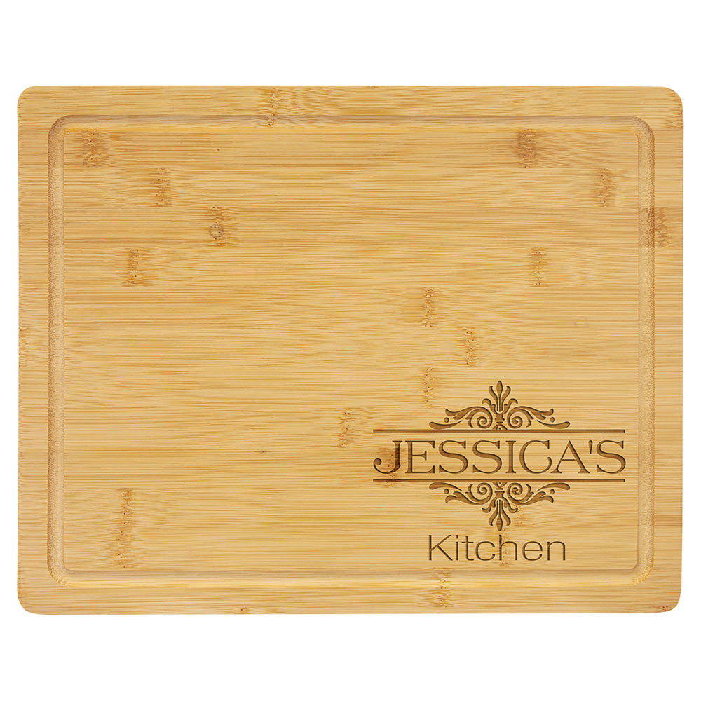 Personalized Laser Engraved 11 1/2" x 8 3/4" Bamboo Cutting Board with Drip Ring