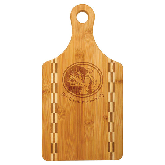 Personalized Laser Engraved 13 1/2" x 7" Paddle Shaped Bamboo Cutting Board with Butcher Block Inlay